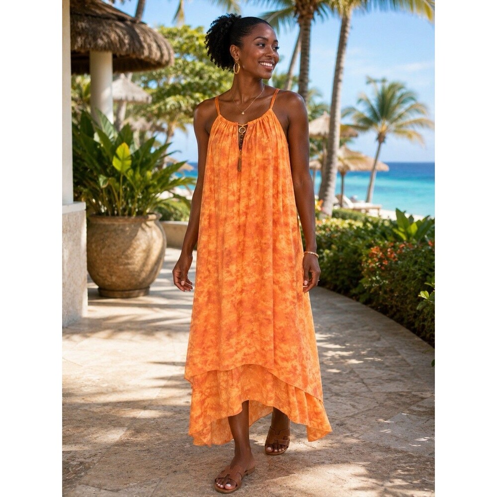 Glle Gabriellle Fiesta Orange Tie Dye Bohemian Flair Maxi 3X Metal Decor Flowy